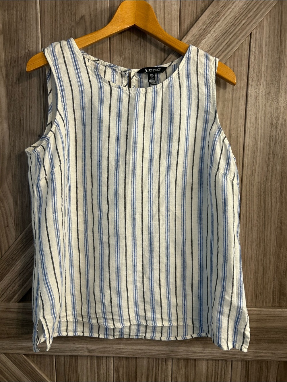 Ellen Tracy Blue & White Striped 100% Linen Sleeveless Top - Large summer Tank